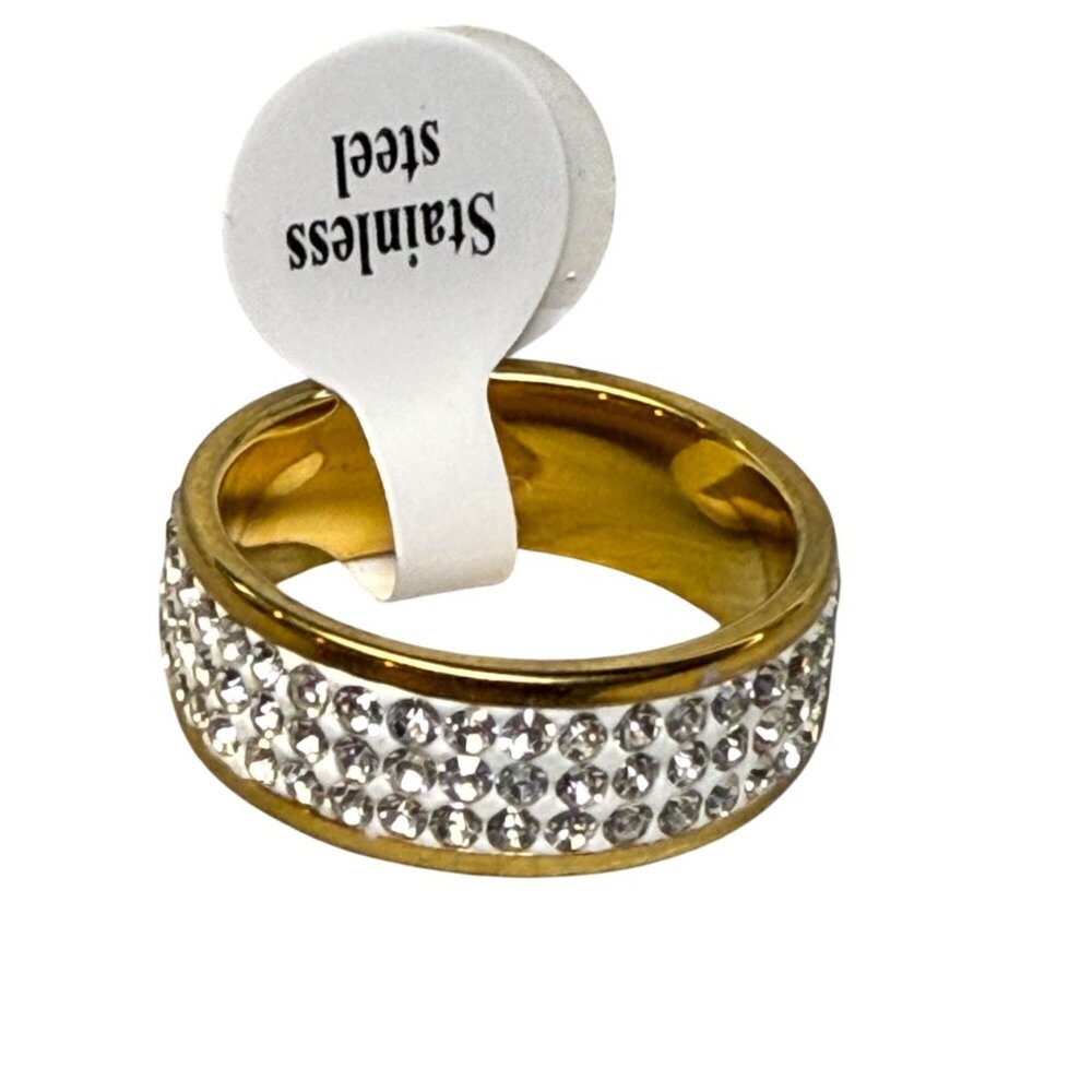 Gold Tone Stainless Steel Ring with Clear Rhinestone Inlay Size 9.25 US
